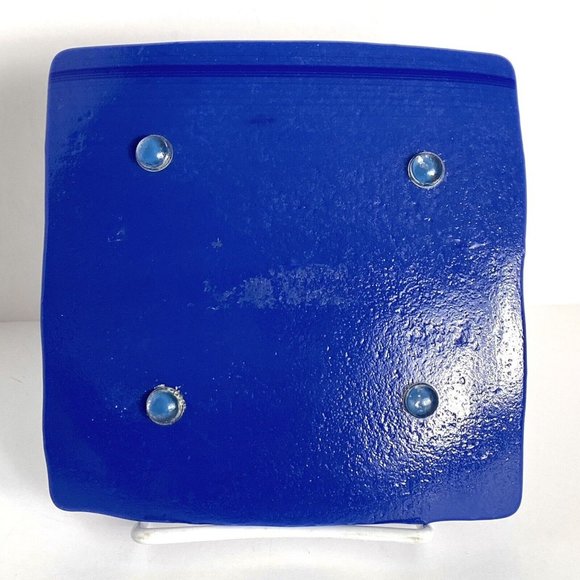 Handmade Fused Art Glass Trinket Tray Ring Dish Catch All Red Yellow Blue 6x6 - Picture 8 of 12
